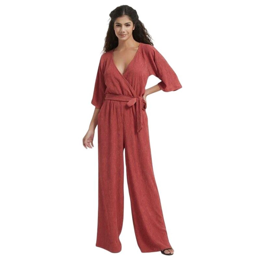 Be You Womens/Ladies Crinkled V Neck Relaxed Fit 3/4 Sleeve Jumpsuit / Rust